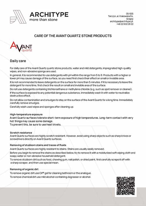 Avant Quartz. Οδηγίες φροντίδας προϊόντος